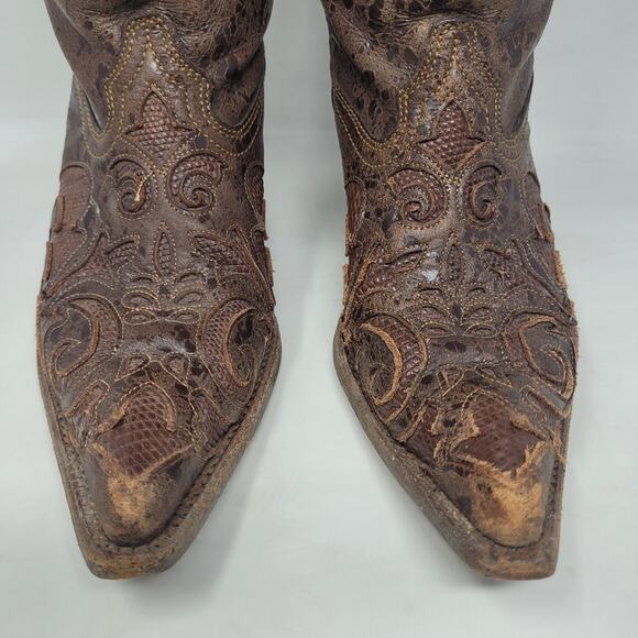Corral Boots 6.5 Brown Lizard Leather Inlay Snip Toe Cowgirl Western Rodeo C2109 - Picture 4 of 13